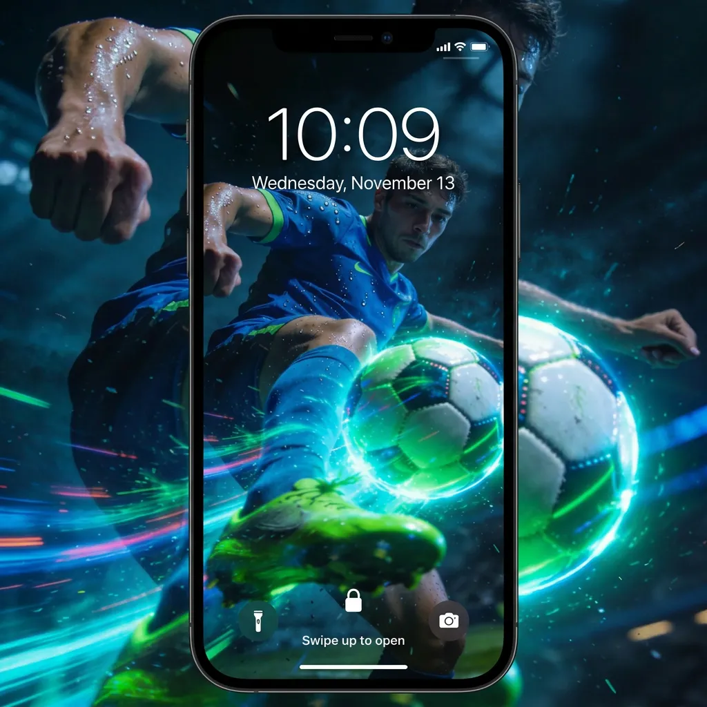 Hd soccer player iPhone wallpaper with neon kick effect mockup one