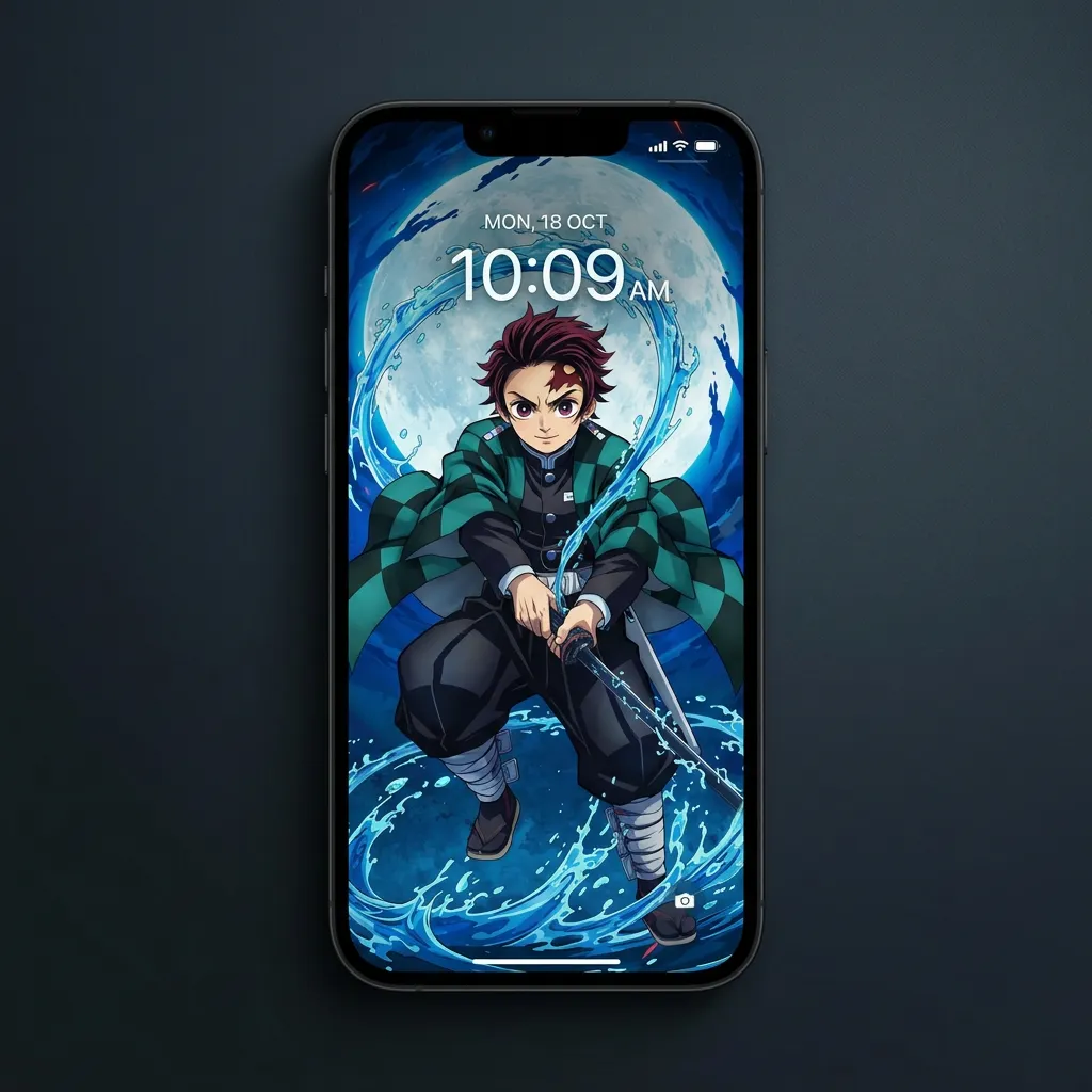 Hd tanjiro kamado wallpaper with blue water ring effect mockup one