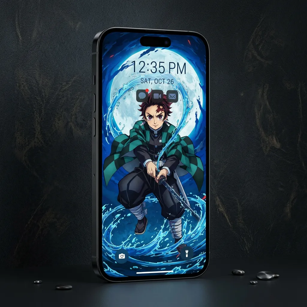 Hd tanjiro kamado wallpaper with blue water ring effect mockup two