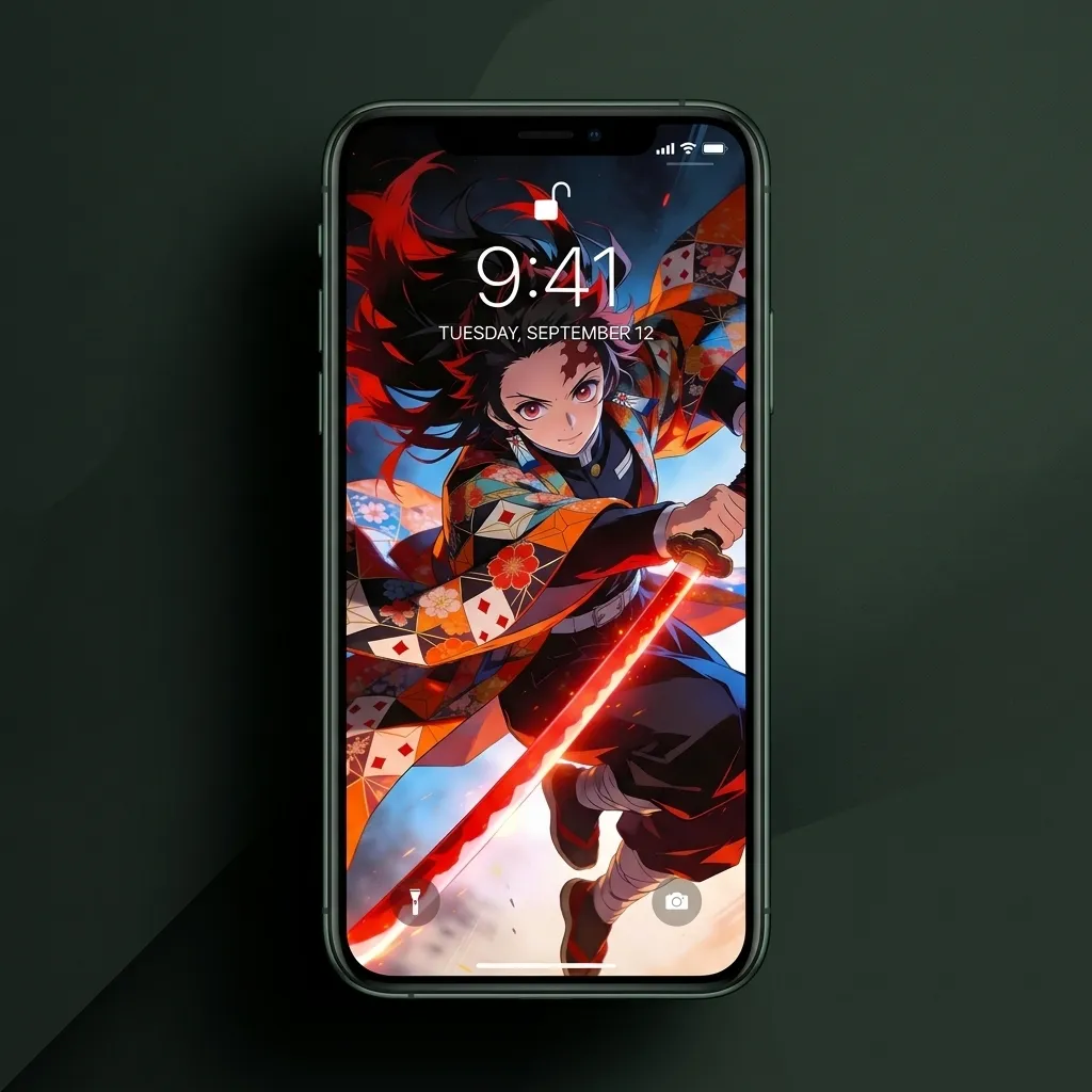 Hd tanjiro kamado wallpaper with floral haori and katana mockup one