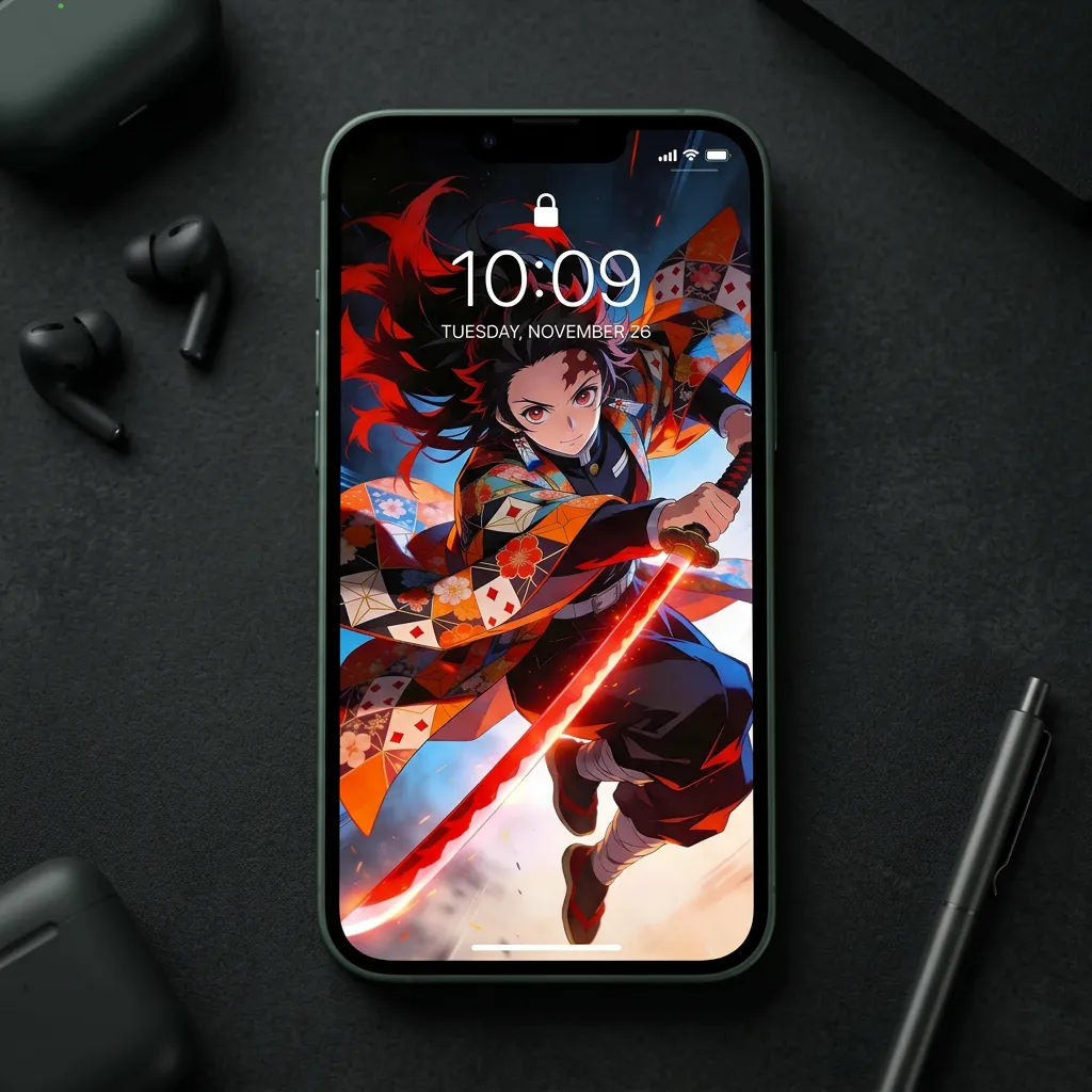 Hd tanjiro kamado wallpaper with floral haori and katana mockup two