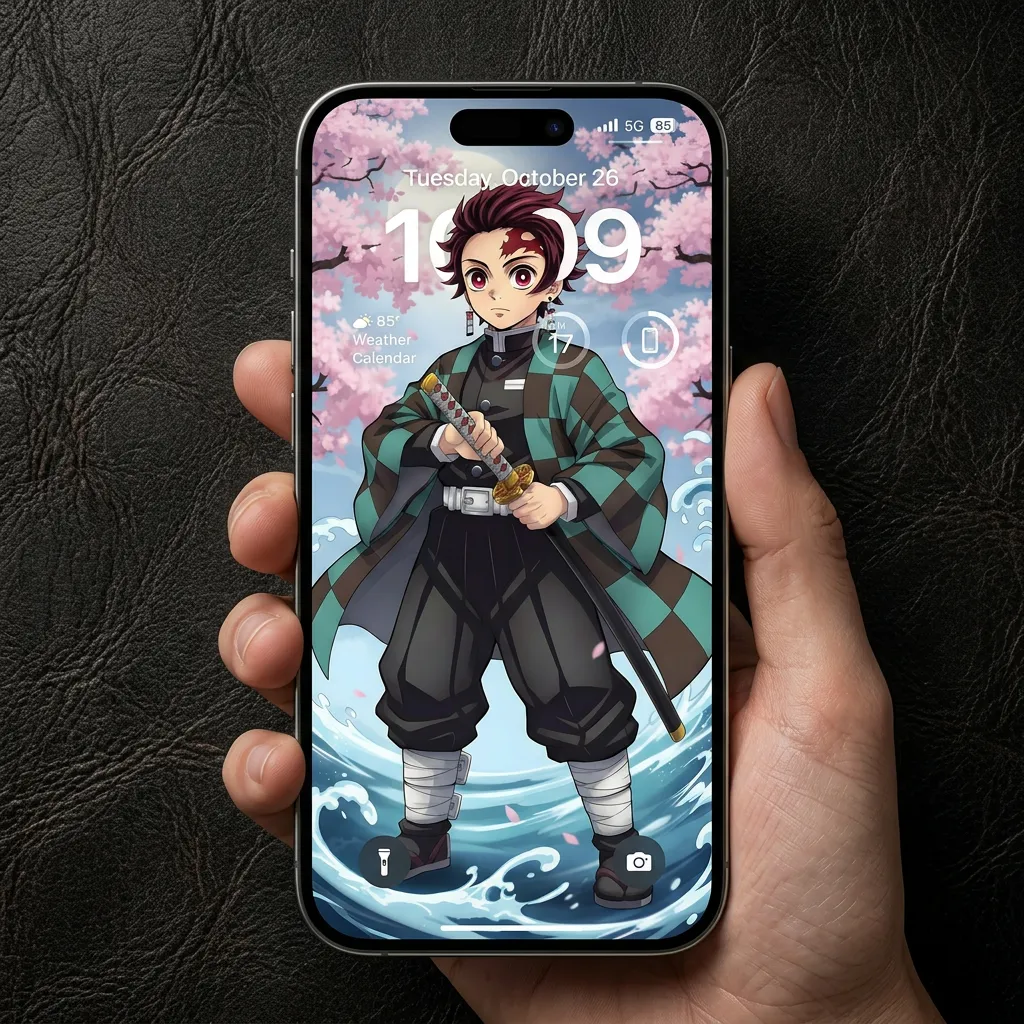 Hd tanjiro wallpaper with sakura trees and sword detail mockup one