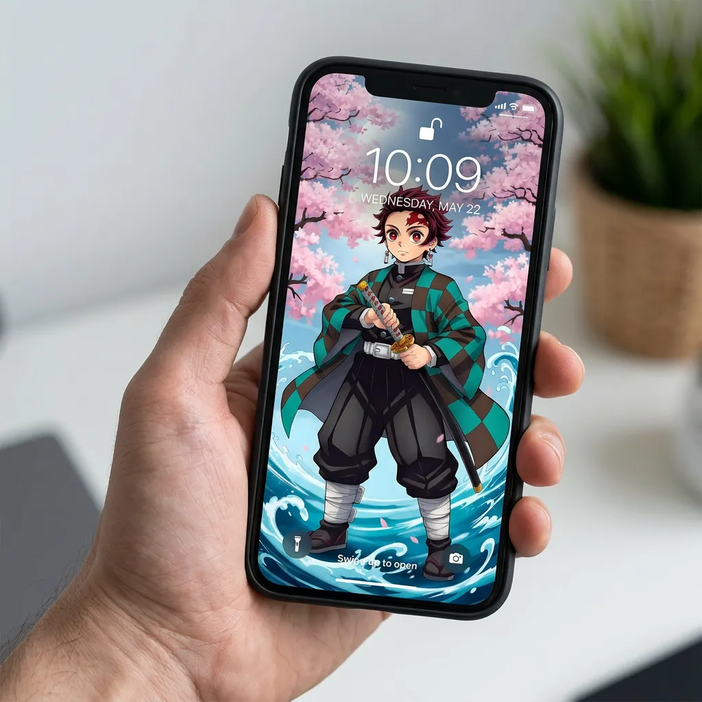 Hd tanjiro wallpaper with sakura trees and sword detail mockup two