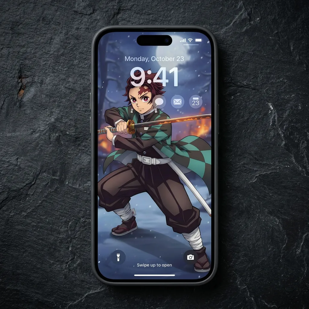 Hd tanjiro winter anime wallpaper for iPhone lock screen mockup two