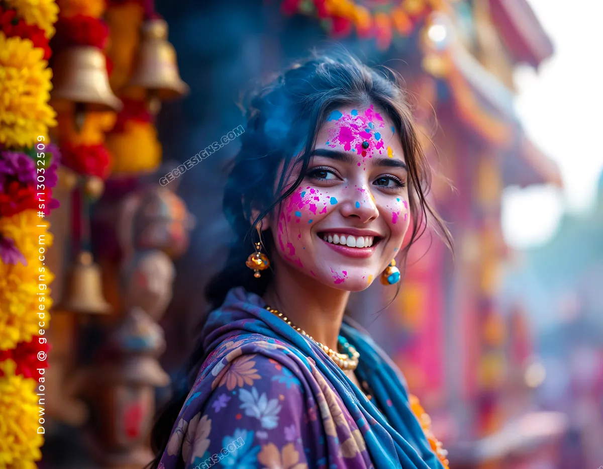 Indian girl celebrating happy Holi with color powder on face AI Generated