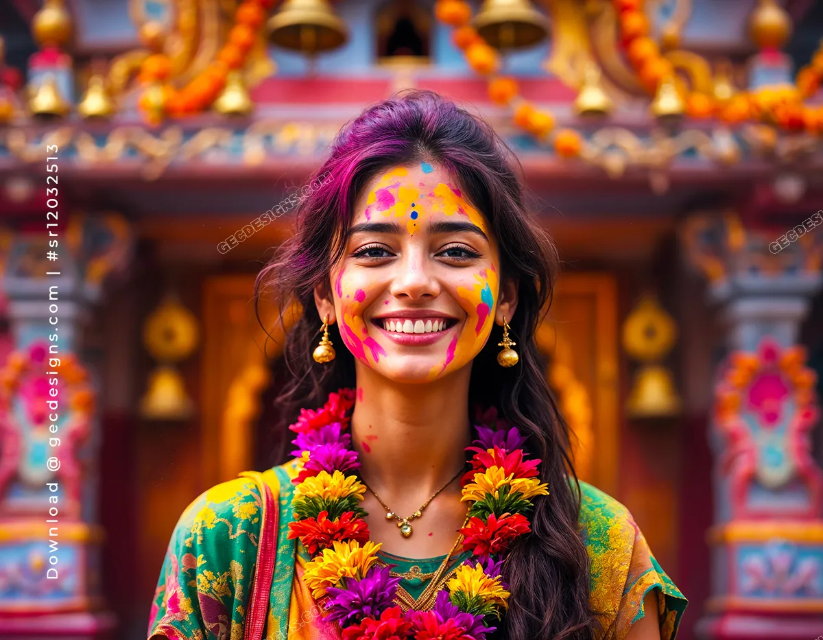 Indian girl celebrating Holi festival with colorful face