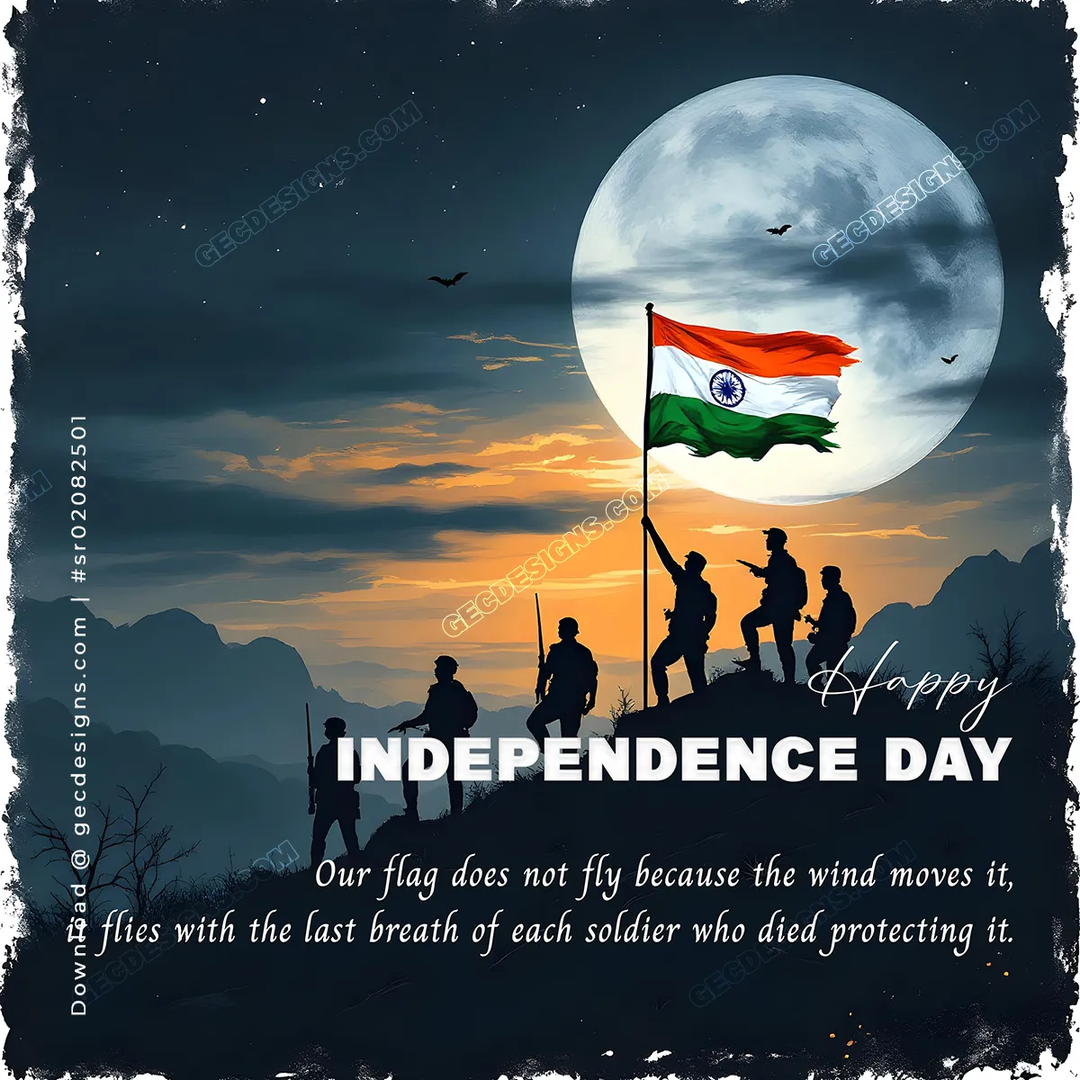 Indian Independence Day Wishes Image with Brave Soldiers and Indian Flag at Full Moon Night