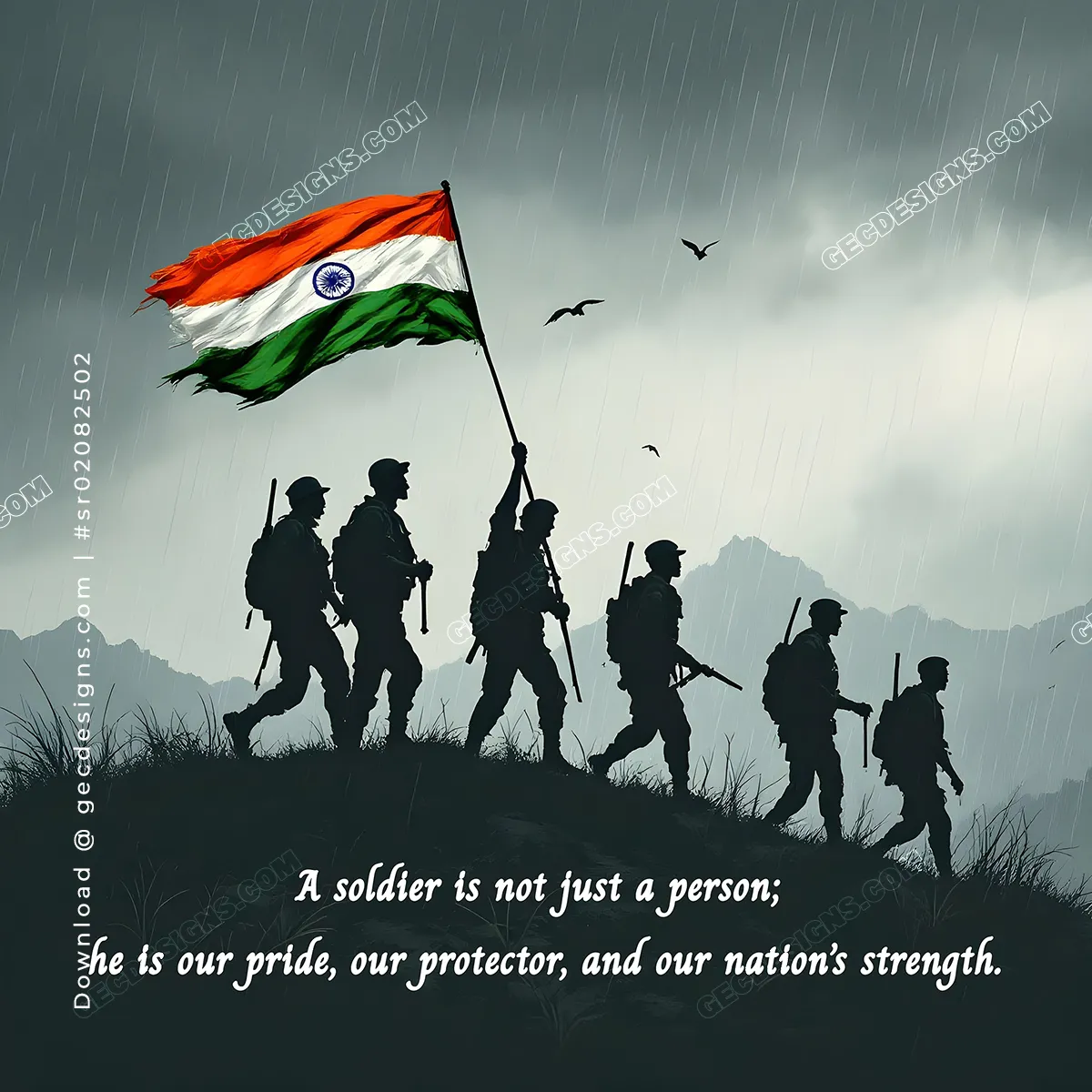 Indian Independence Day Wishes Image with Soldiers Marching in Rain Holding the National Flag