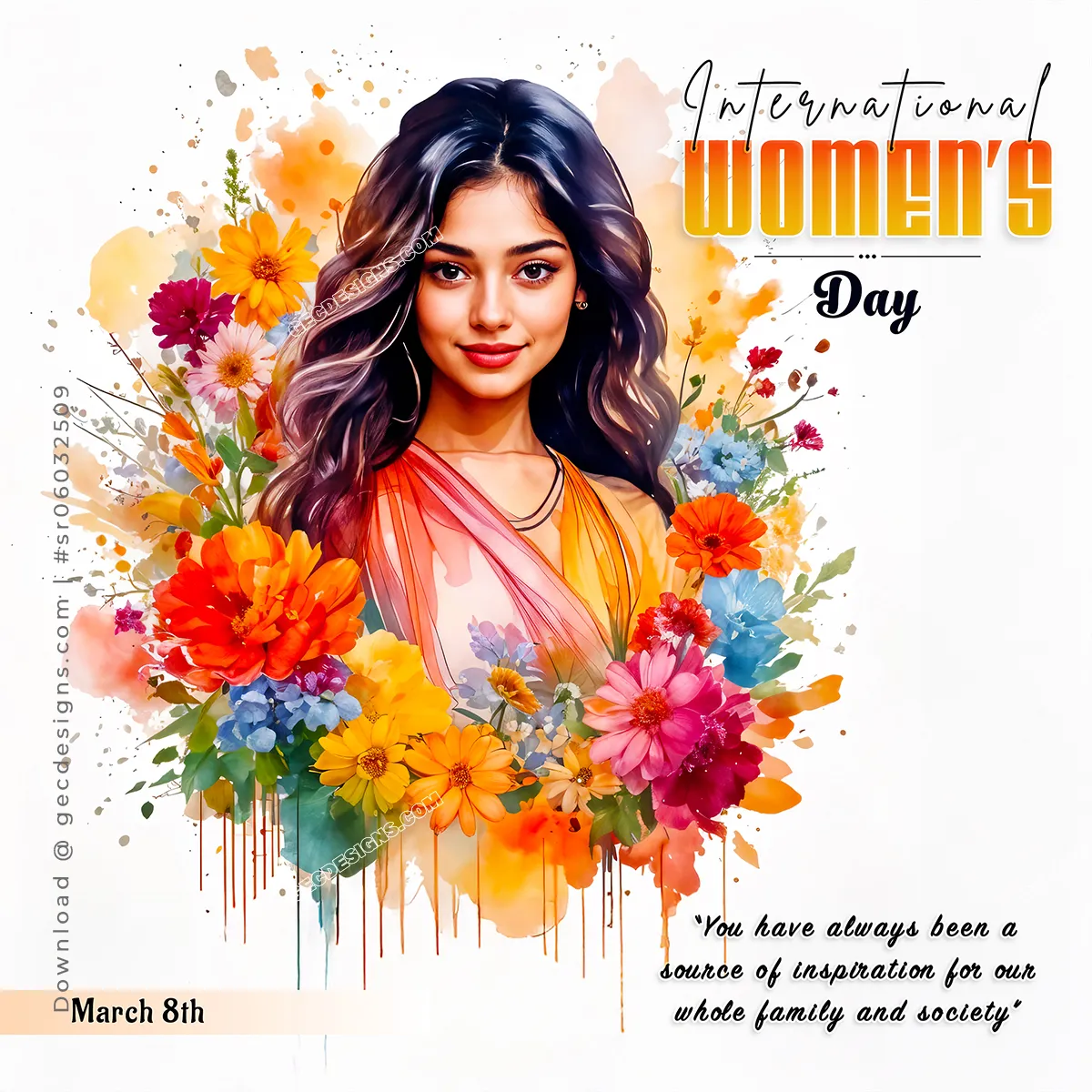 International Women's Day wishes with flowers and a woman's face background