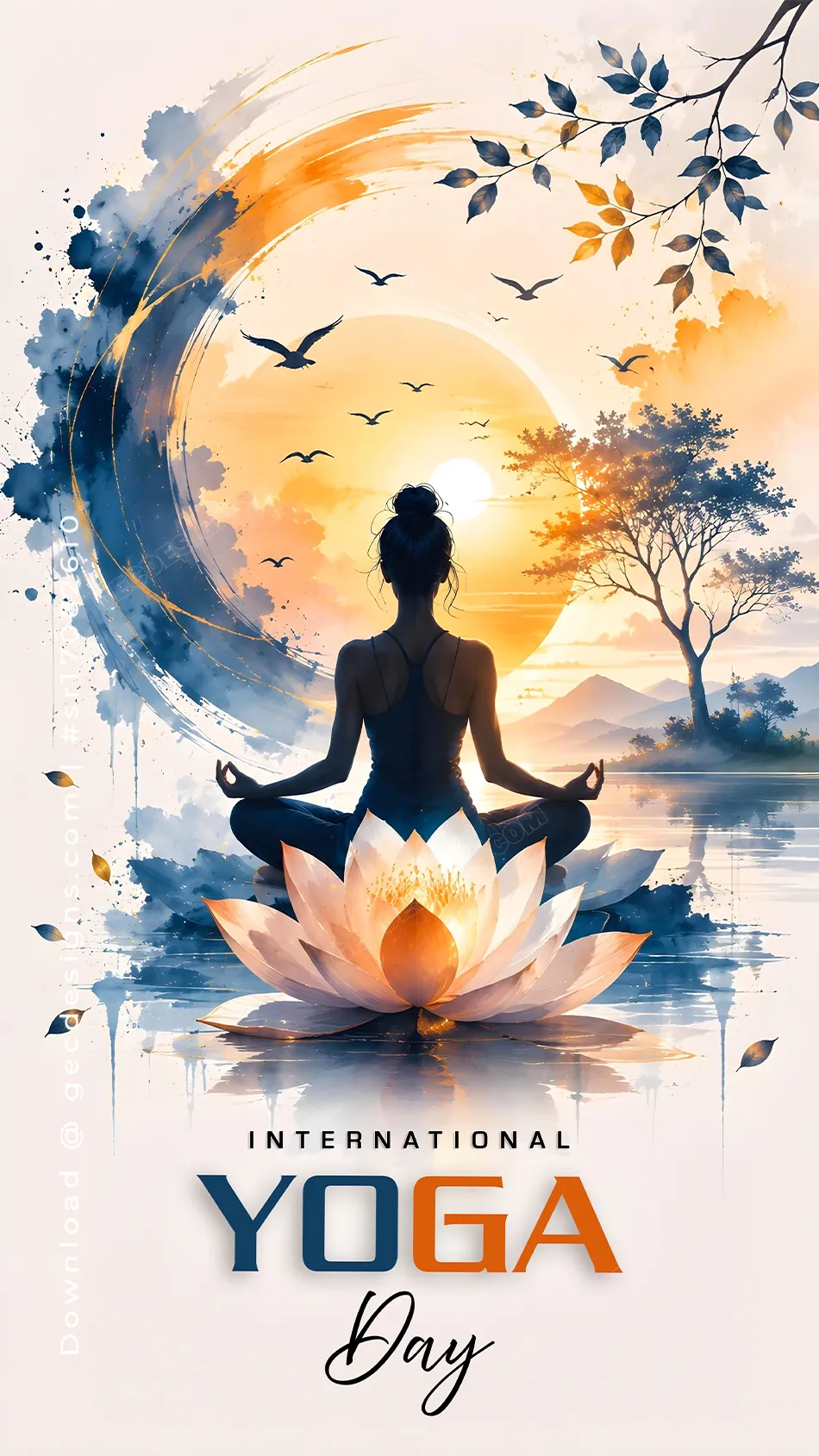 International Yoga Day Image with Glowing Lotus Meditation and Watercolor Sunrise