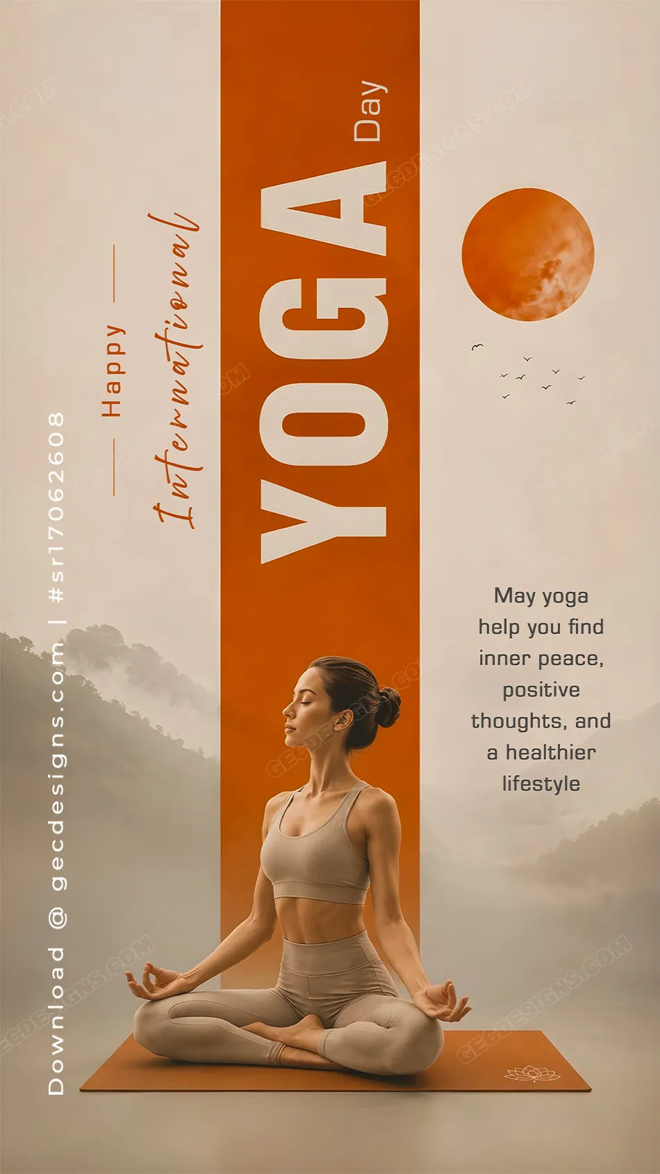 International Yoga Day Image with Lotus Pose Orange Panel and Misty Mountain Background