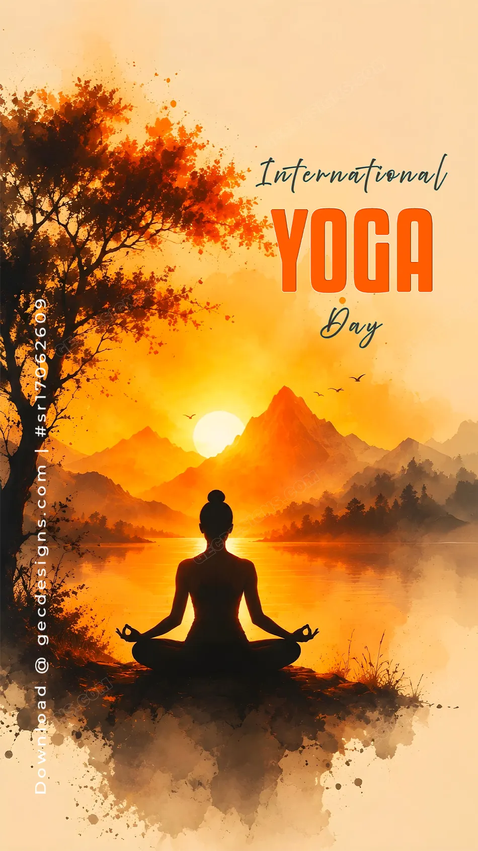 International Yoga Day Image with Meditation Silhouette Mountain Lake and Orange Sunrise