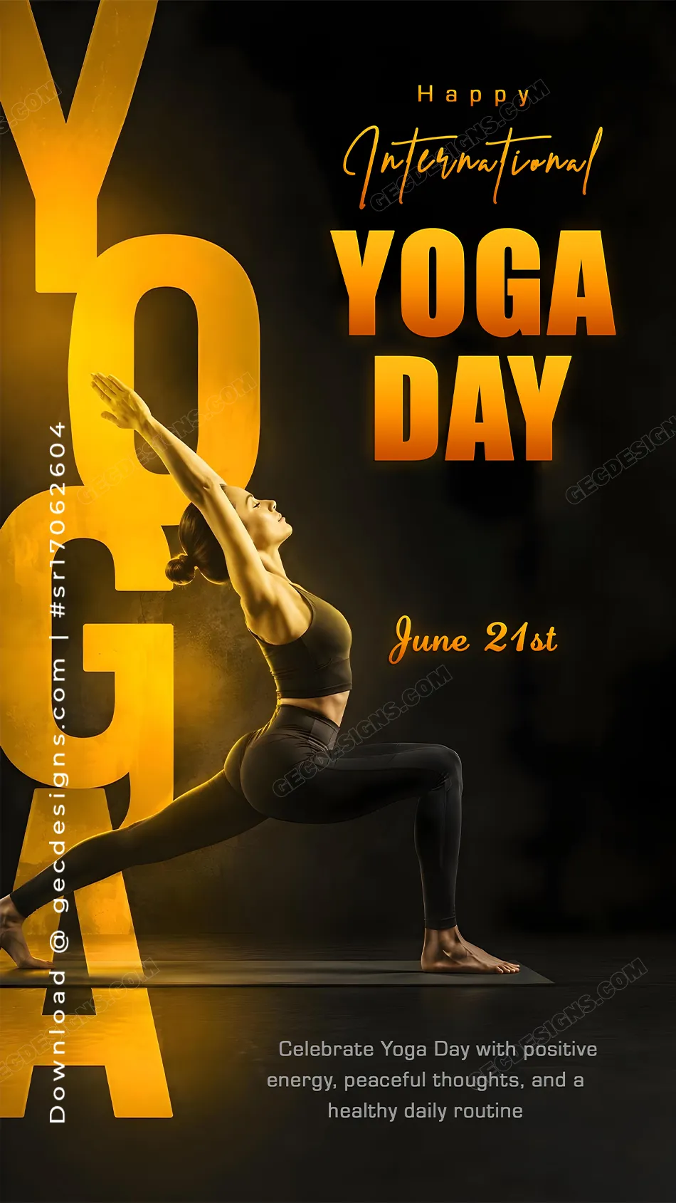 International Yoga Day Image with Powerful Warrior Pose and Black Gold Theme