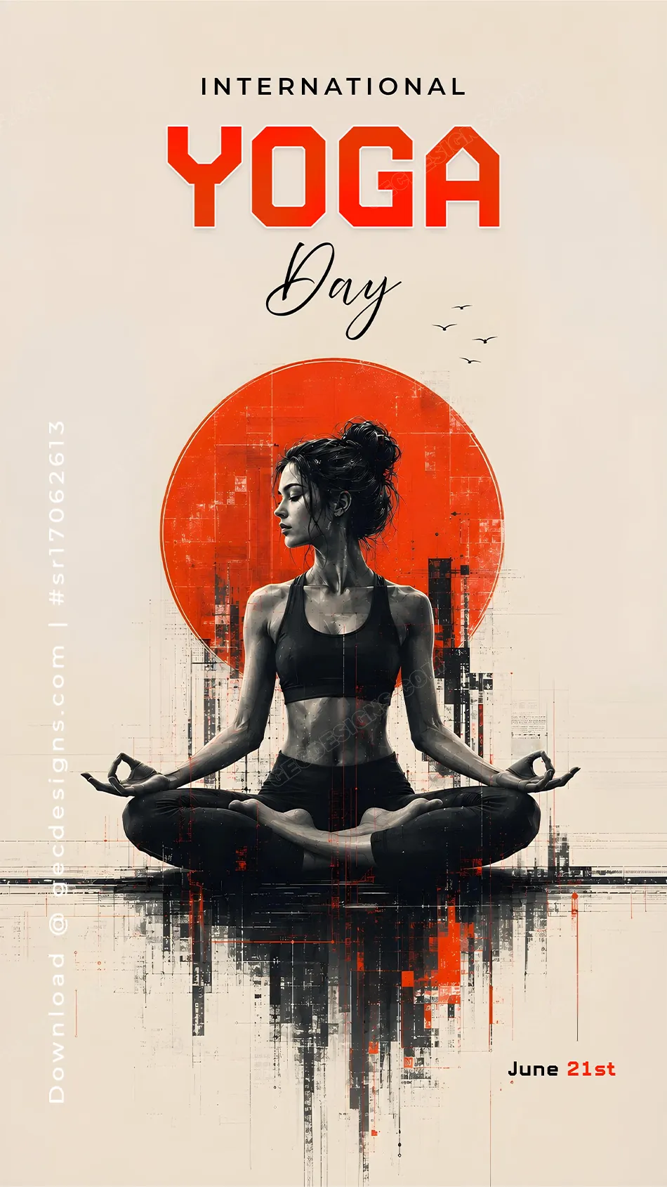 International Yoga Day Image with Red Sun Circle Lotus Pose and Abstract Grunge Style