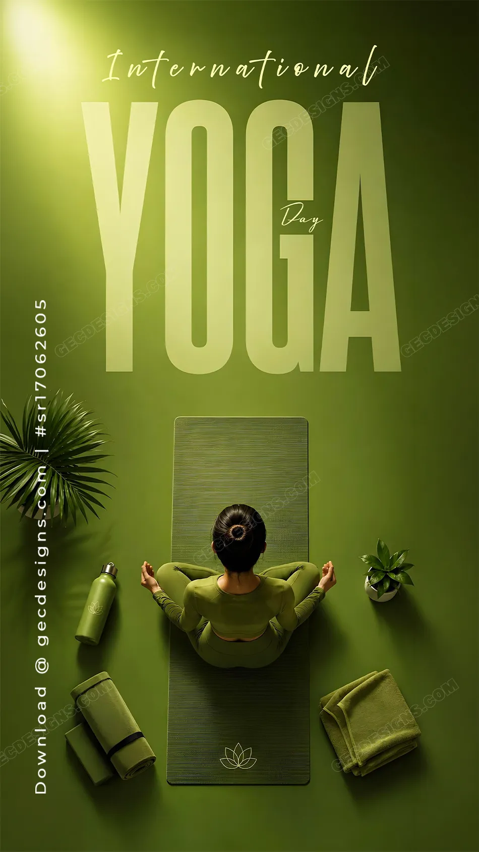 International Yoga Day Image with Top View Lotus Pose and Green Monochrome Theme