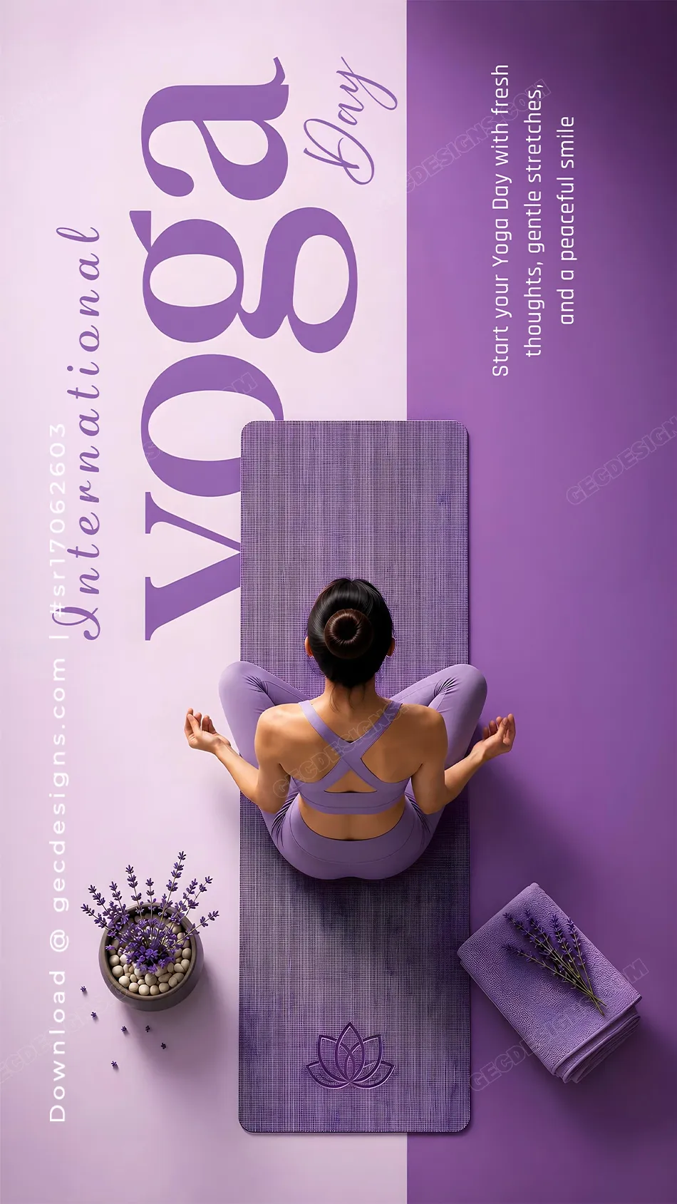 International Yoga Day Image with Top View Lotus Pose and Purple Lavender Theme