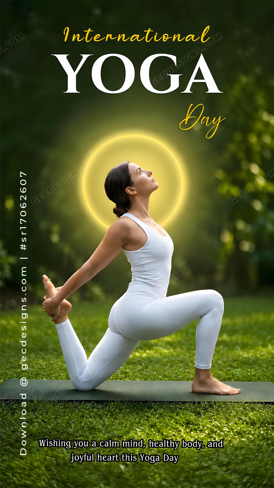 International Yoga Day Image with White Low Lunge Pose and Glowing Golden Halo