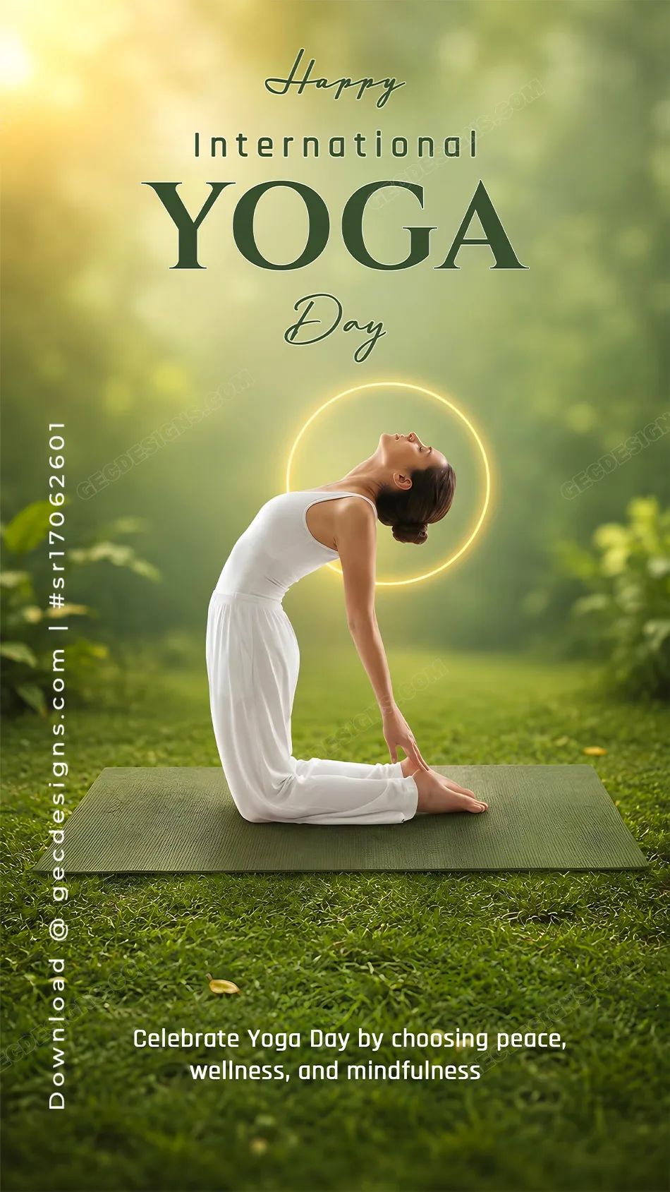 International Yoga Day Image with White Outfit Backbend Pose and Glowing Golden Halo