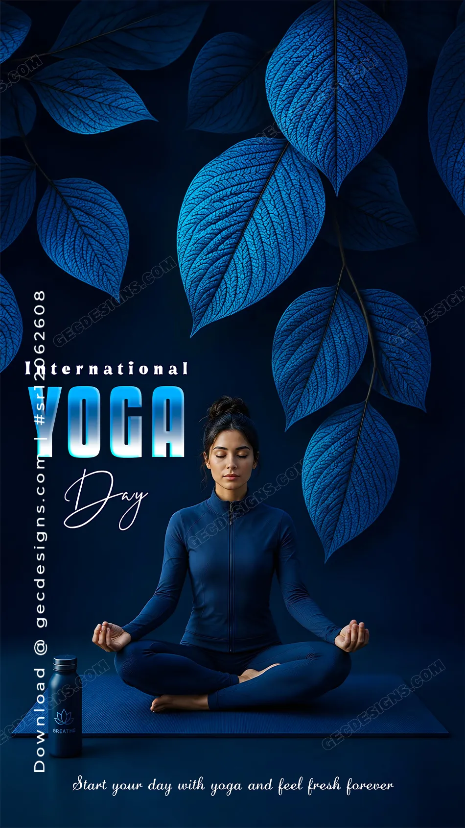 International Yoga Day Images with Blue Leaf Meditation Theme