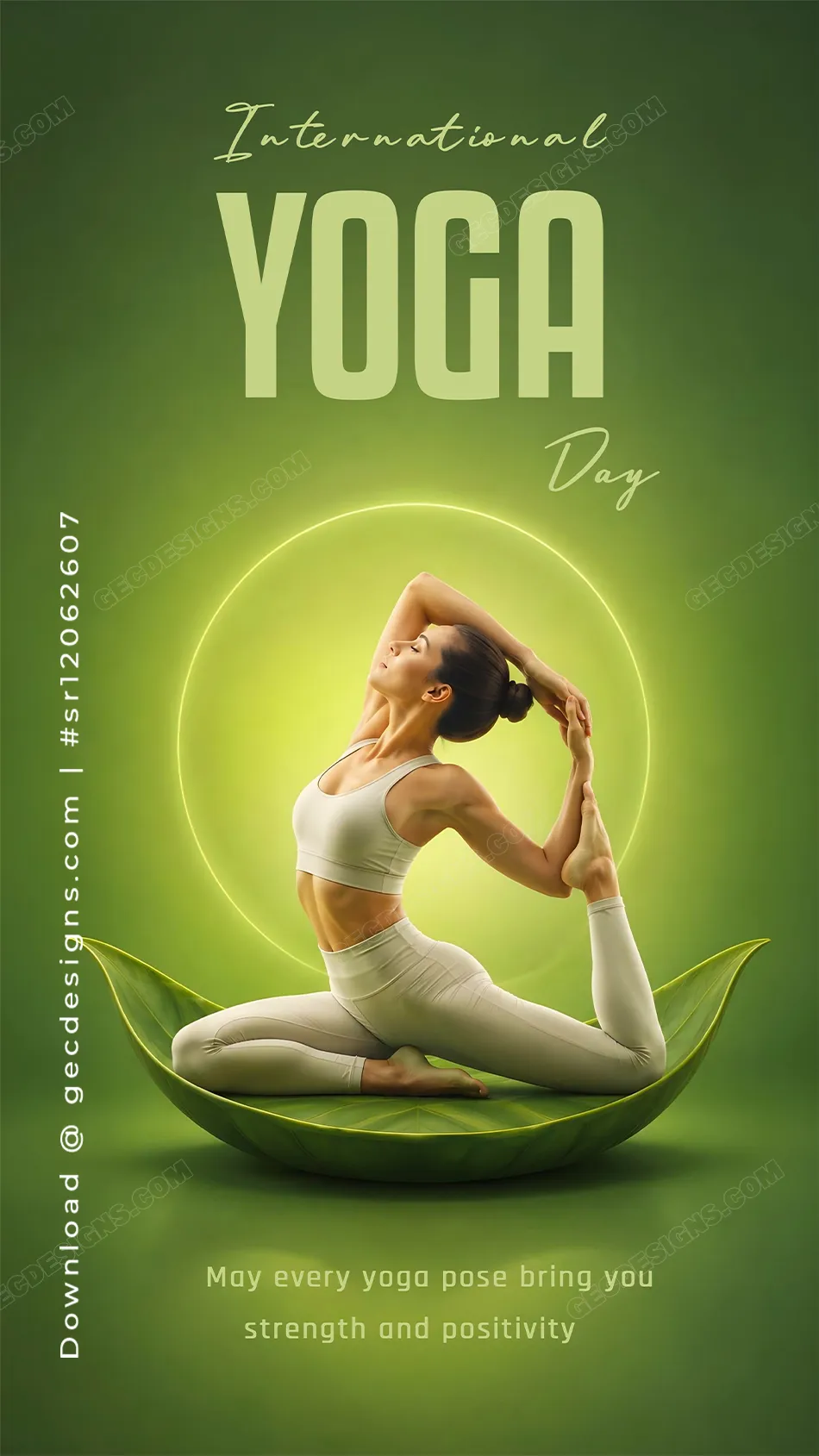 International Yoga Day Images with Green Leaf Yoga Pose Design