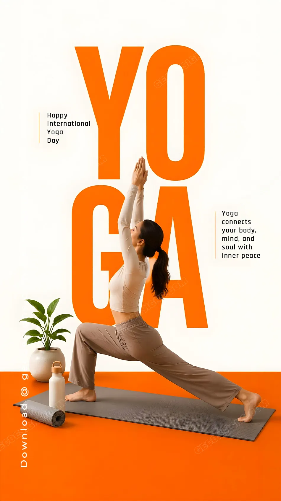 International Yoga Day Images with Orange Warrior Pose Design