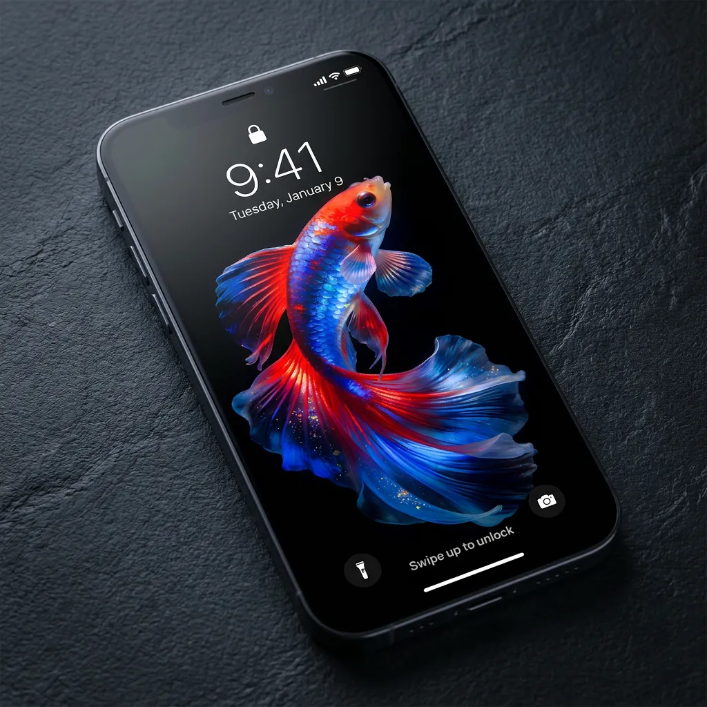 iPhone wallpaper with red blue betta fish mockup one