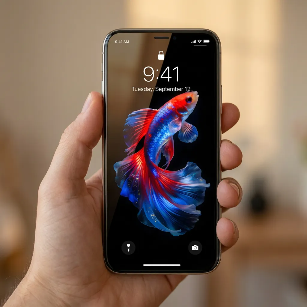 iPhone wallpaper with red blue betta fish mockup two