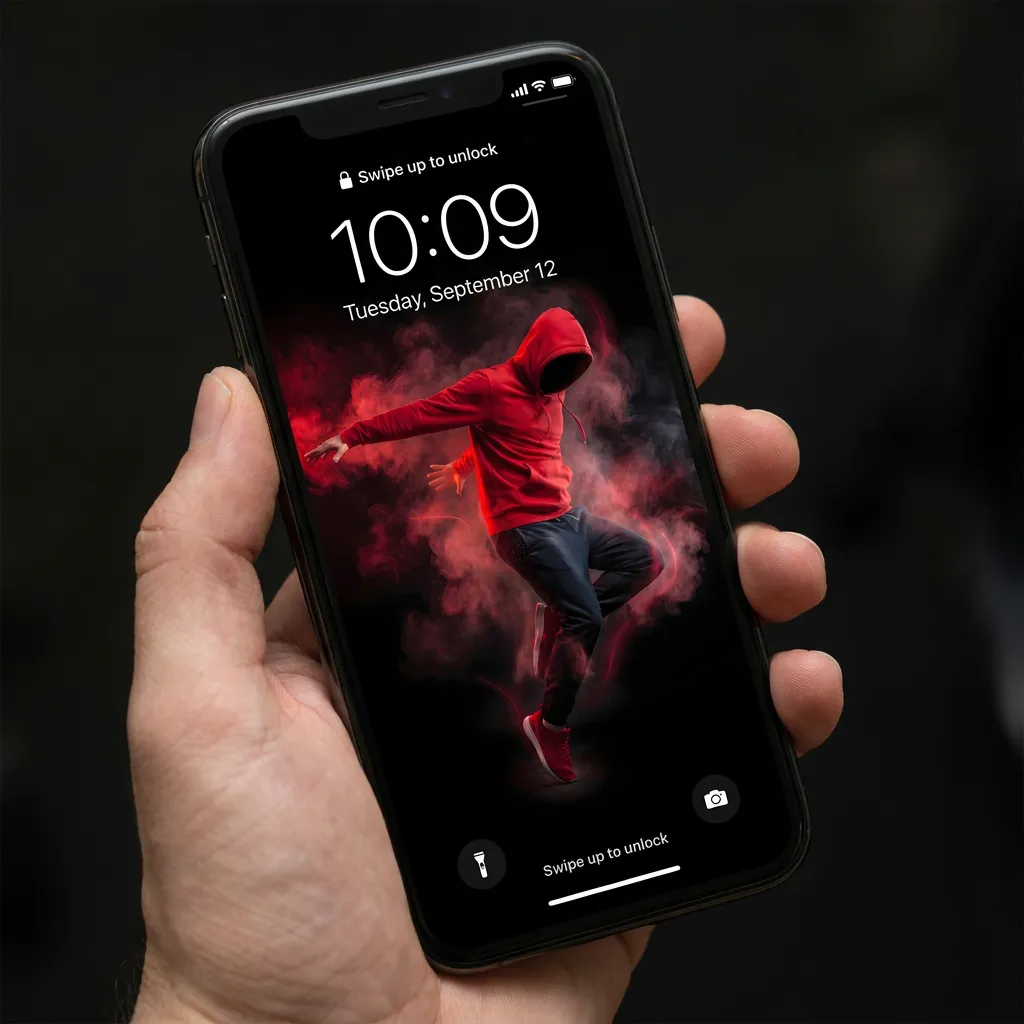 iPhone wallpaper with red hoodie dancer art mockup two