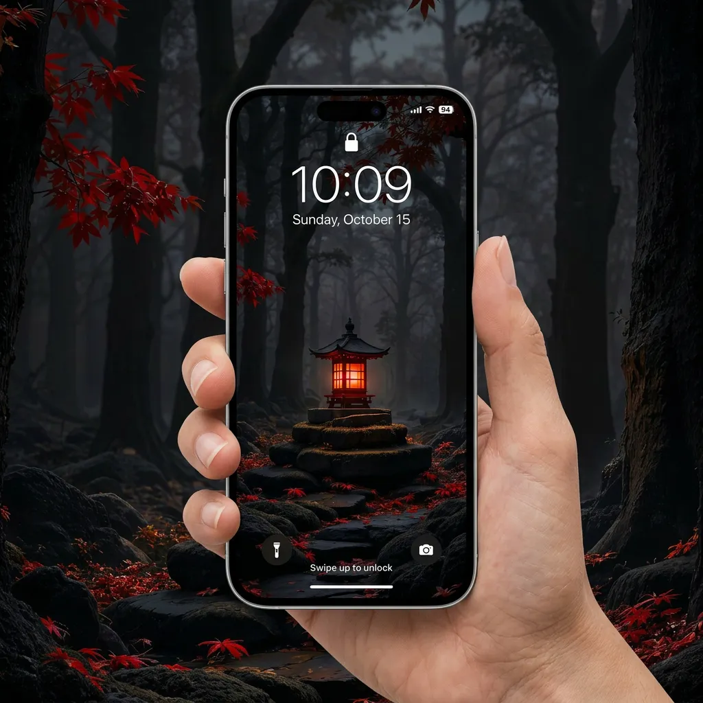 Japanese lantern iPhone wallpaper with dark forest mockup one