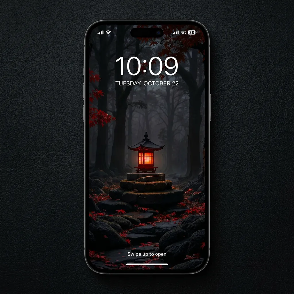 Japanese lantern iPhone wallpaper with dark forest mockup two