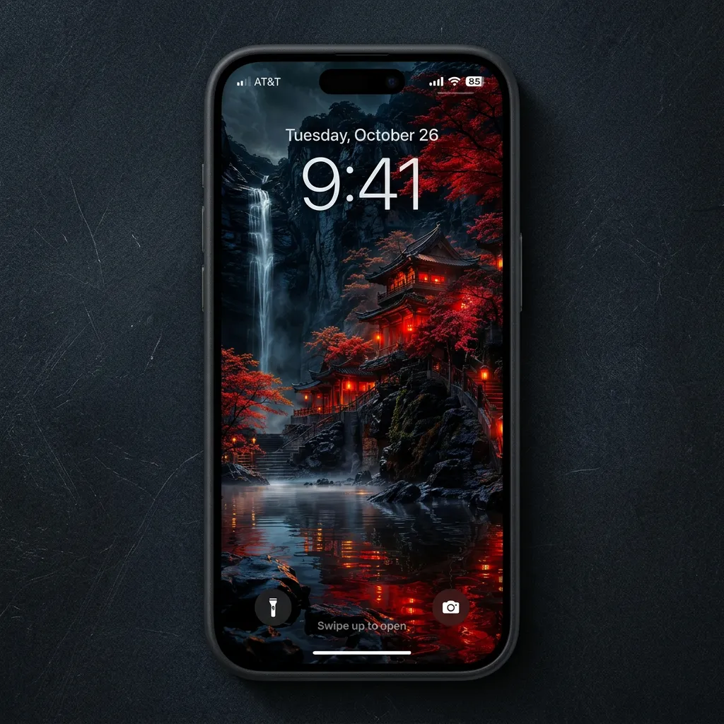Japanese waterfall iPhone wallpaper with red temple mockup one