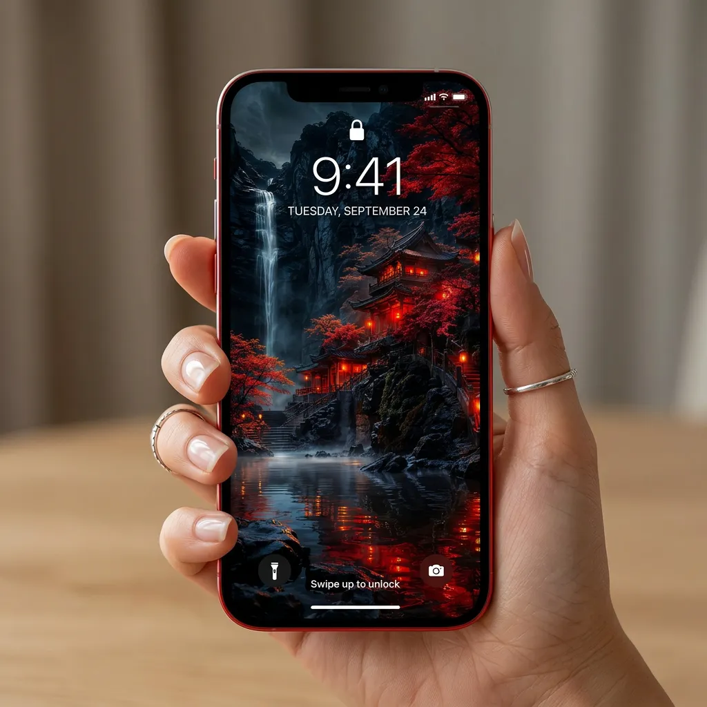 Japanese waterfall iPhone wallpaper with red temple mockup two