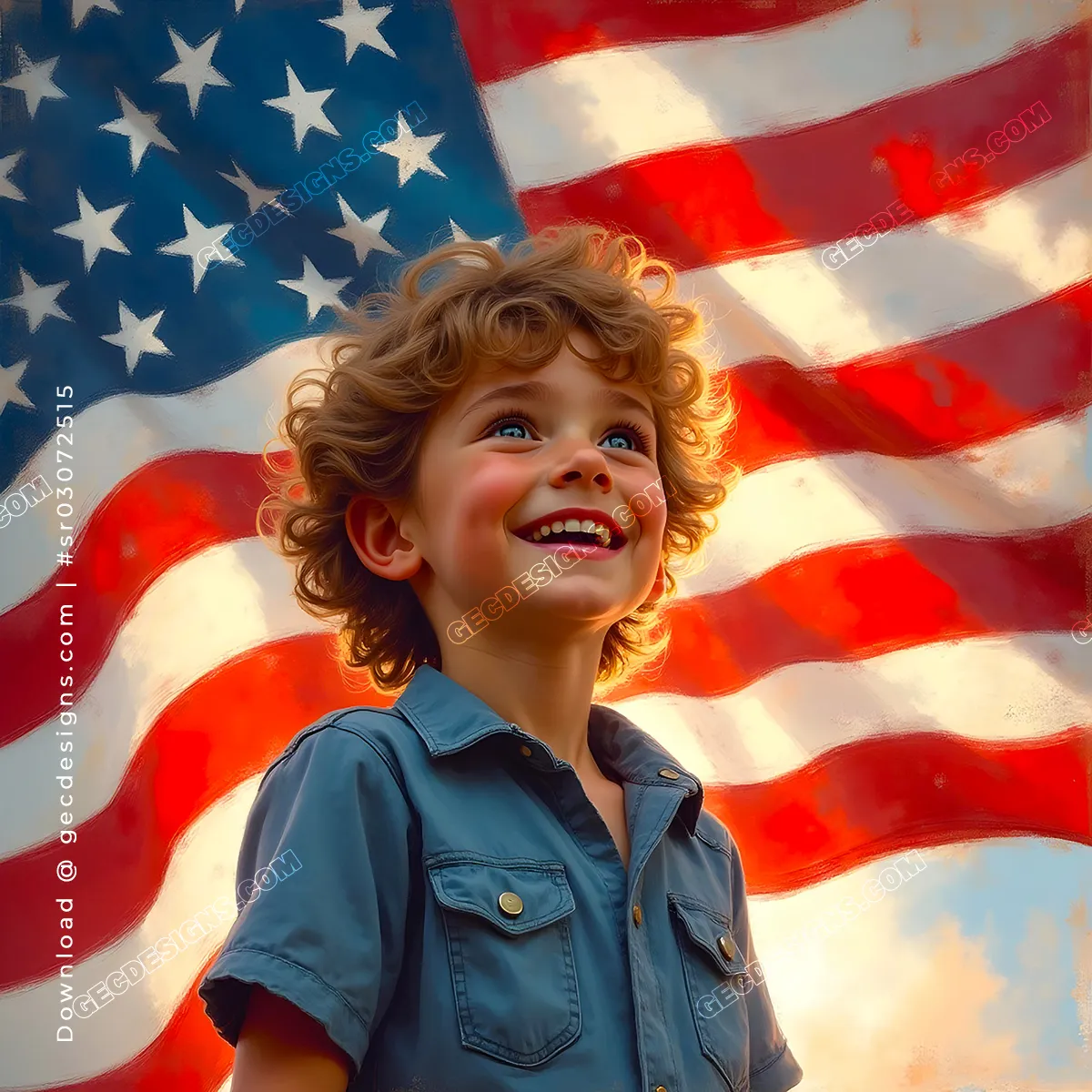 Joyful American Independence Day Image of Smiling Boy with Glowing US Flag Background