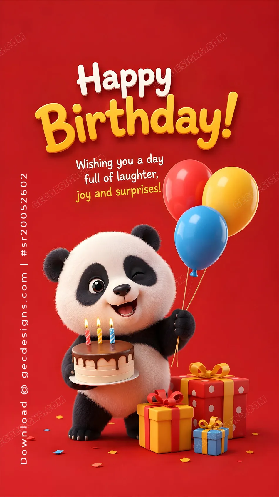 Kids happy birthday image with panda balloons and gift boxes