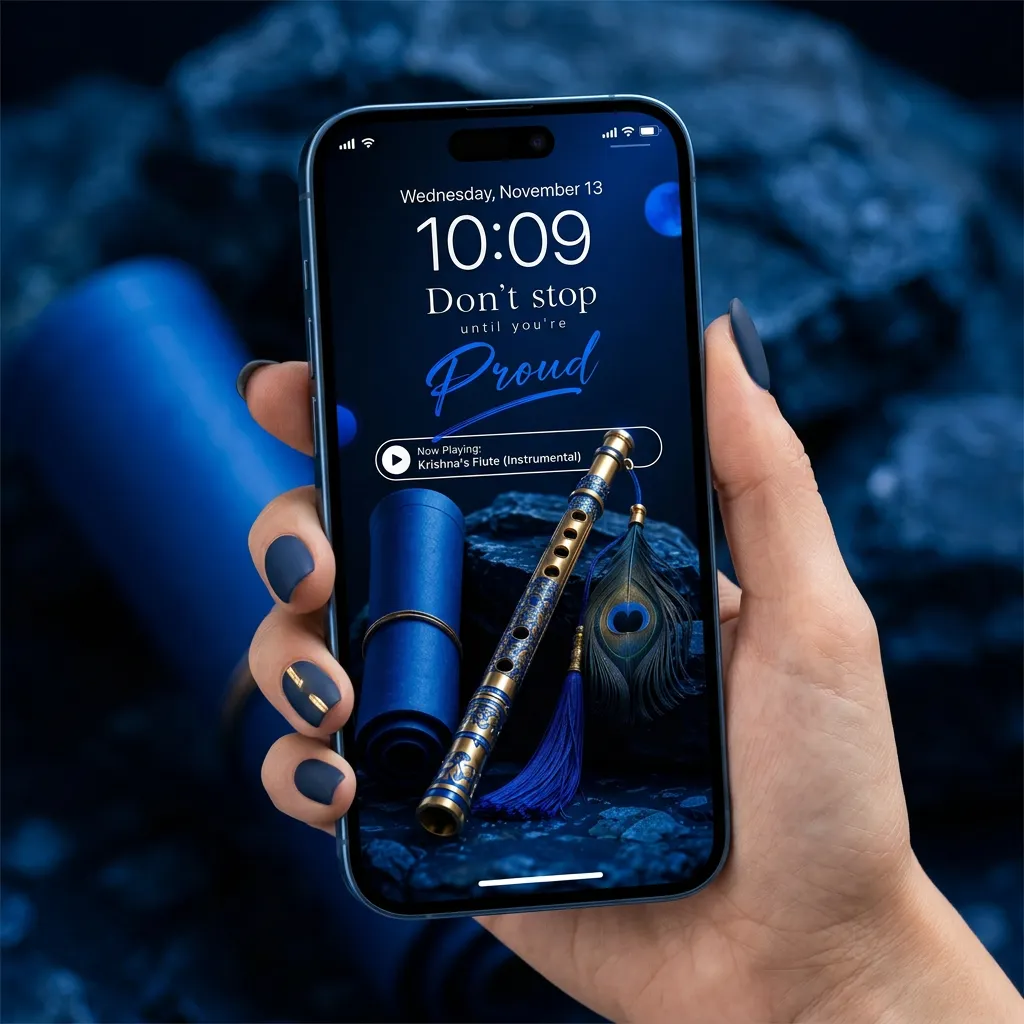 Krishna flute and peacock feather motivational iPhone wallpaper, don't stop until you're proud, mockup one