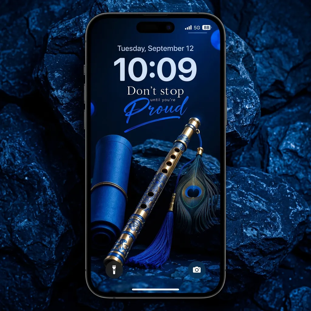 Krishna flute and peacock feather motivational iPhone wallpaper, don't stop until you're proud, mockup two