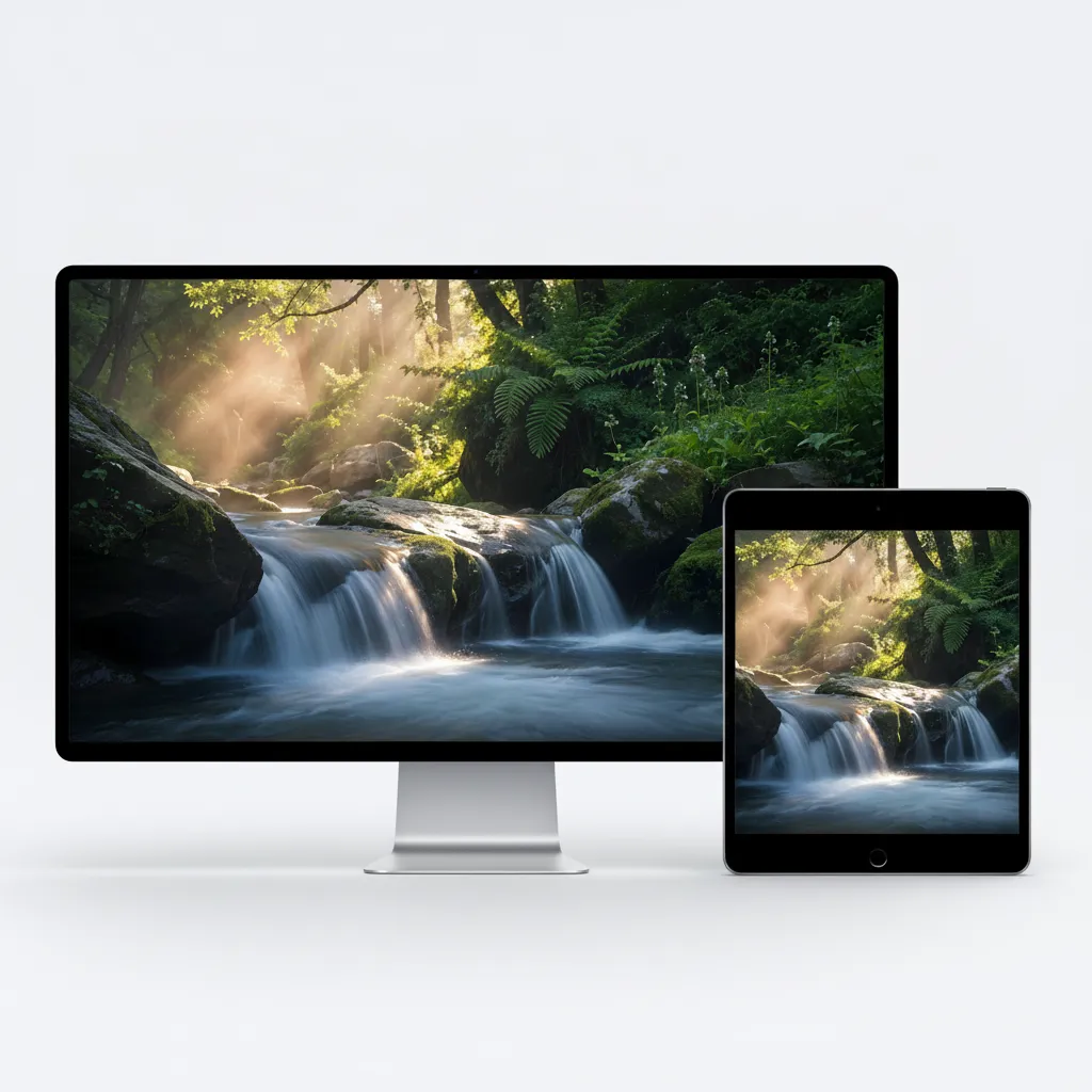 Lush Green Forest Stream With Cascading Waterfall And Golden Sunlight Desktop Background Sr06032604 Mockup One