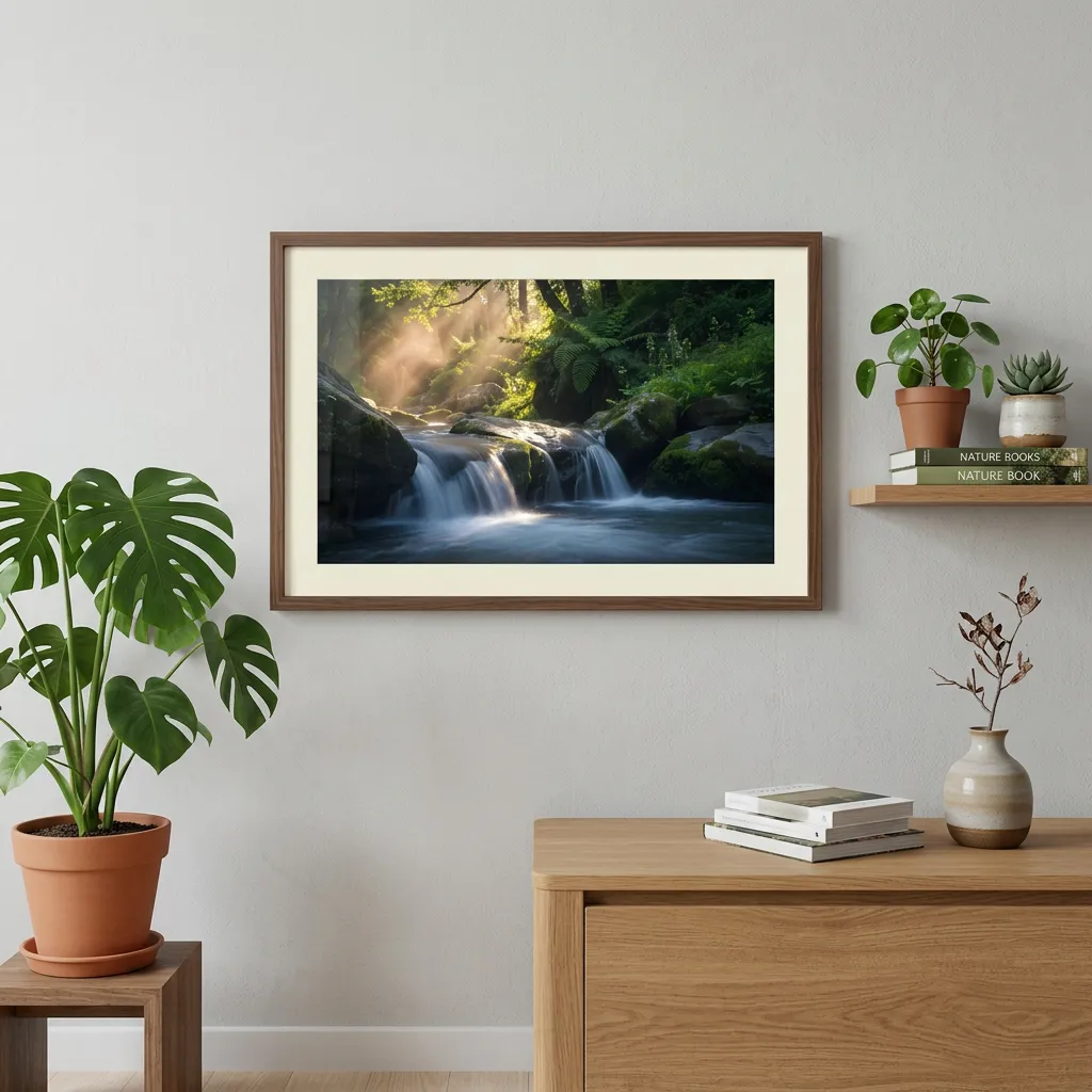 Lush Green Forest Stream With Cascading Waterfall And Golden Sunlight Desktop Background Sr06032604 Mockup Two