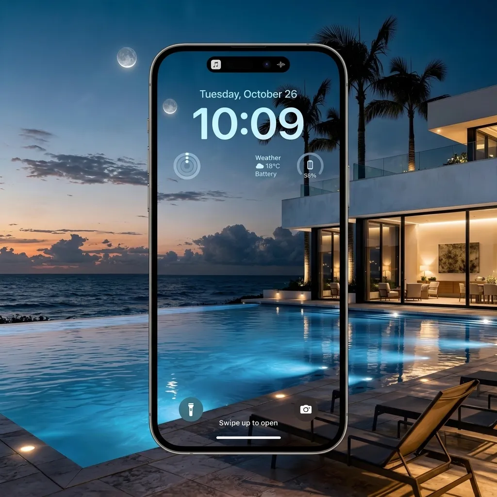 Luxury beach house iPhone wallpaper with infinity pool and moonlit ocean view mockup one