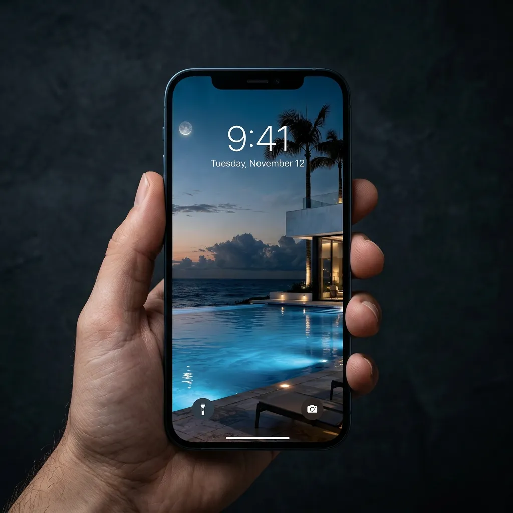 Luxury beach house iPhone wallpaper with infinity pool and moonlit ocean view mockup two