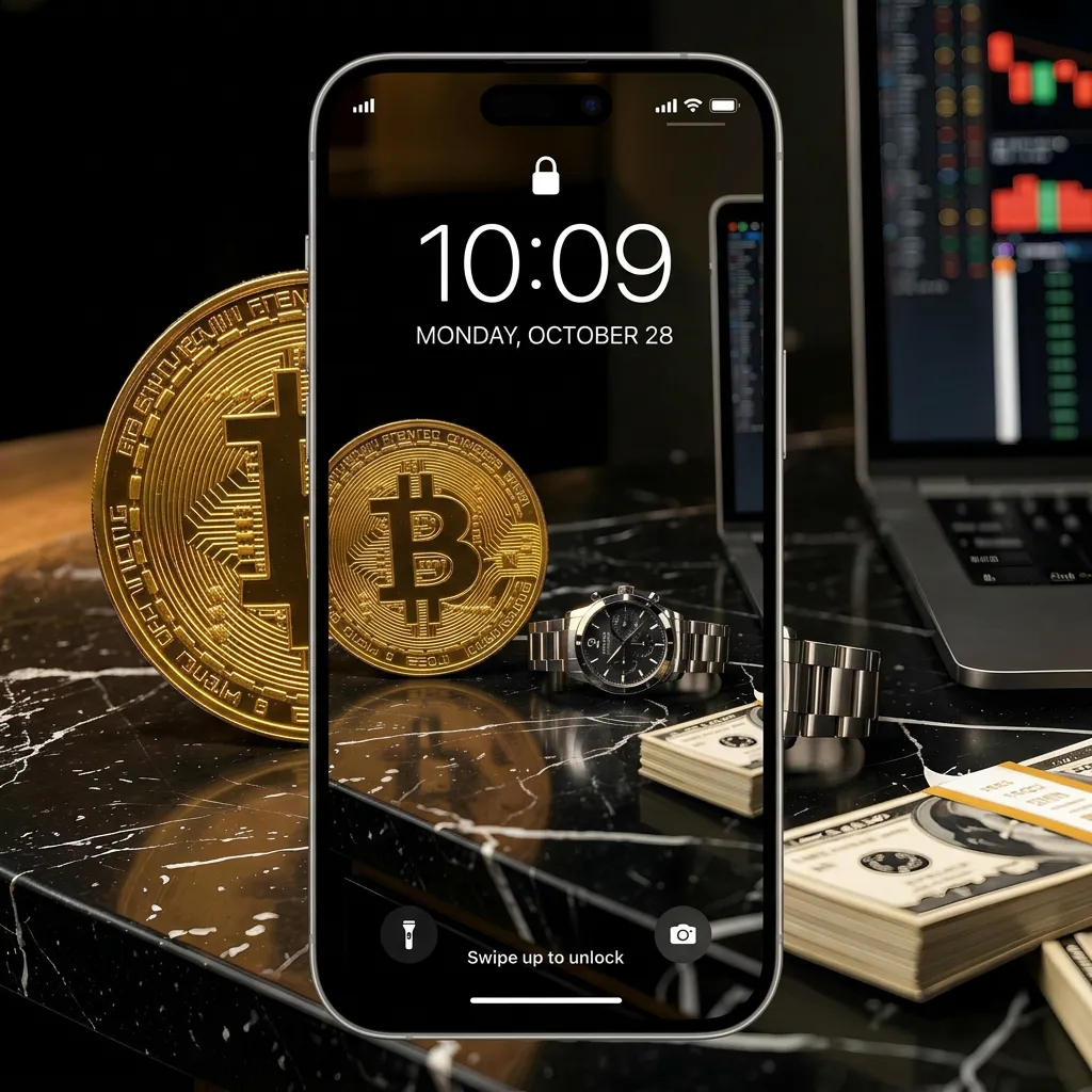 Luxury bitcoin wealth iPhone wallpaper with gold coin cash stack and trading setup aesthetic mockup one