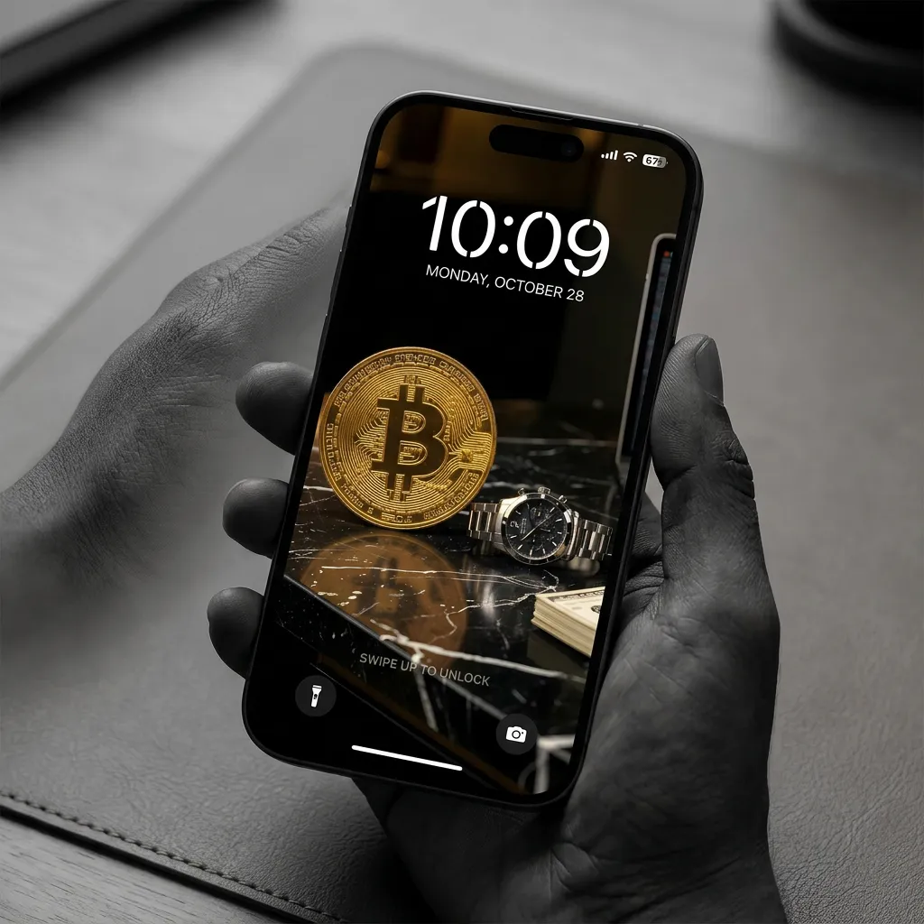 R luxury bitcoin wealth iPhone wallpaper with gold coin cash stack and trading setup aesthetic mockup two