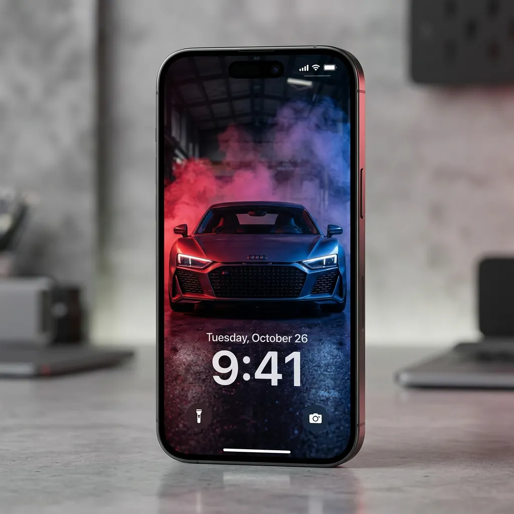 Luxury car iPhone wallpaper with futuristic sports car and neon smoke background mockup one