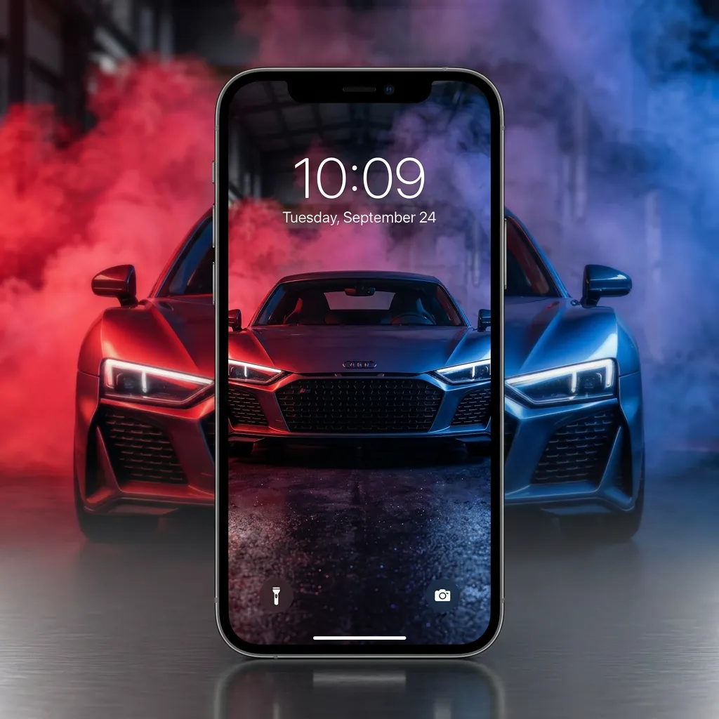 Luxury car iPhone wallpaper with futuristic sports car and neon smoke background mockup two