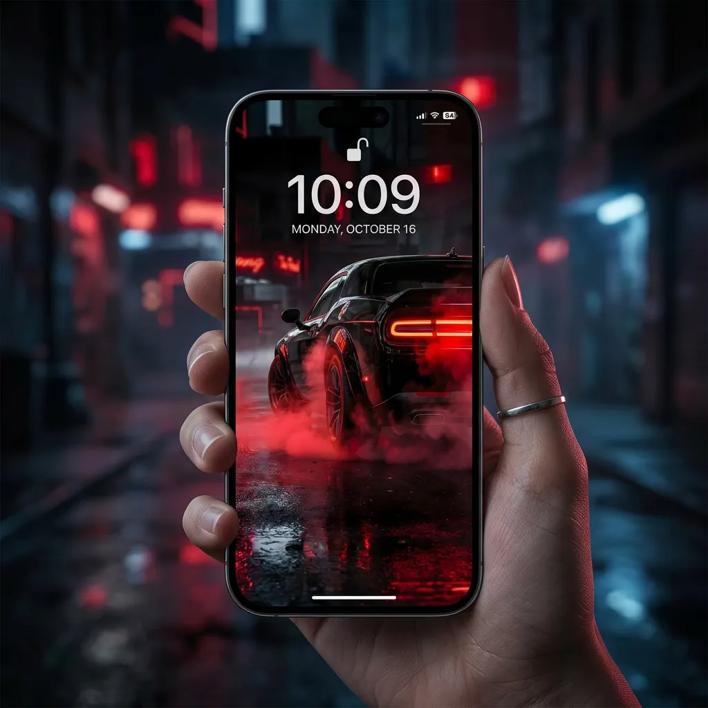 Luxury car iPhone wallpaper with red neon city lights mockup one