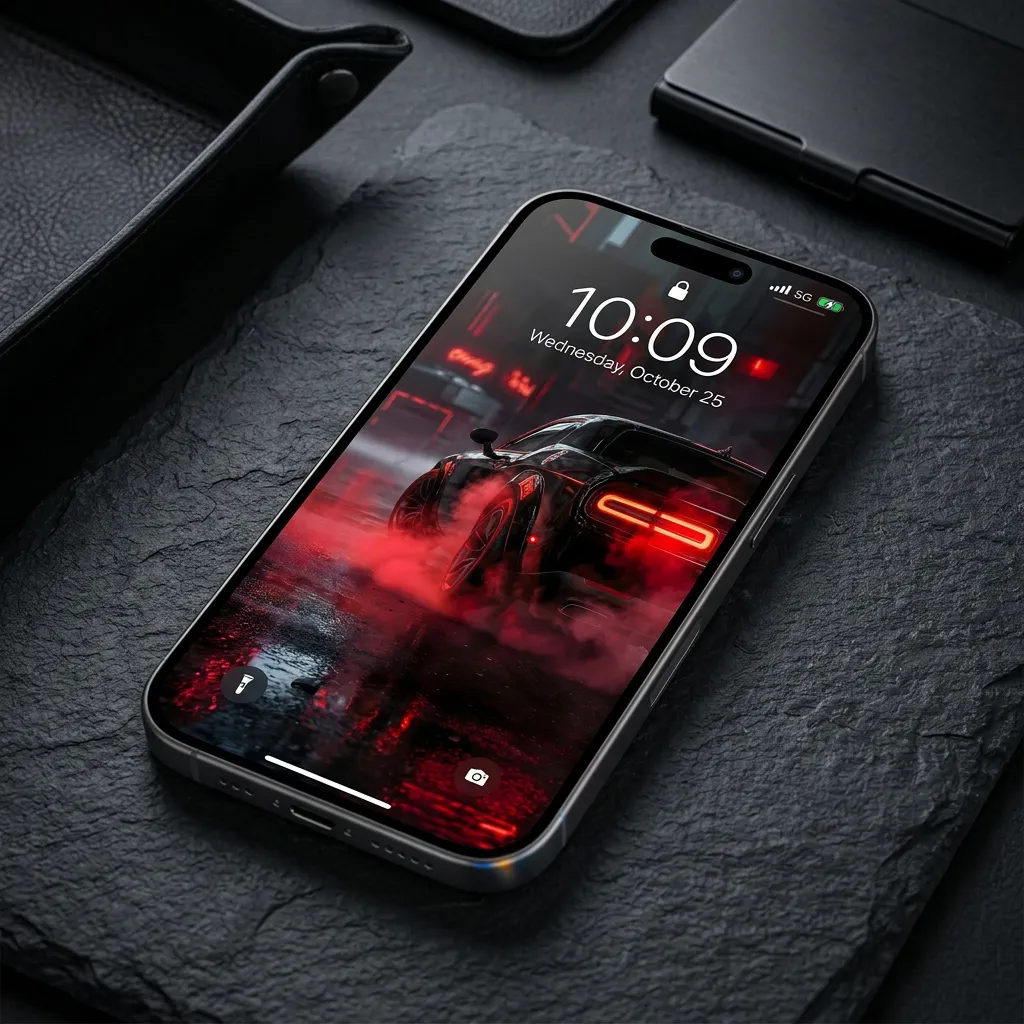 Luxury car iPhone wallpaper with red neon city lights mockup two