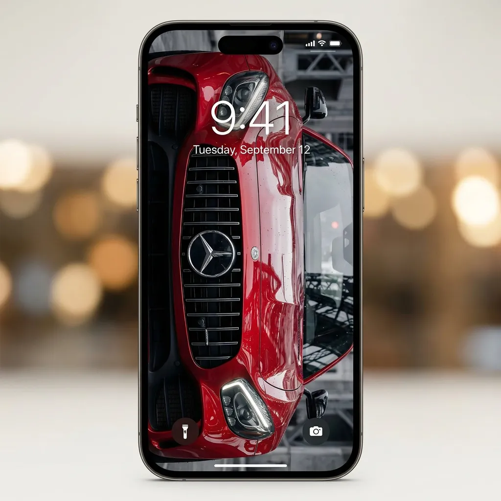 Luxury car iPhone wallpaper with red sports car front view and modern city vibe