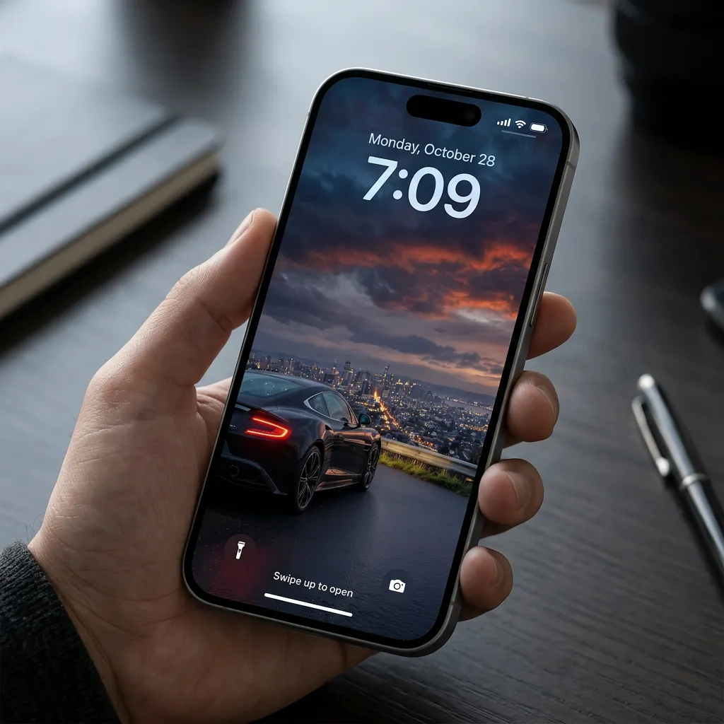 Luxury car iPhone wallpaper with sunset city skyline and elegant sports car view mockup one