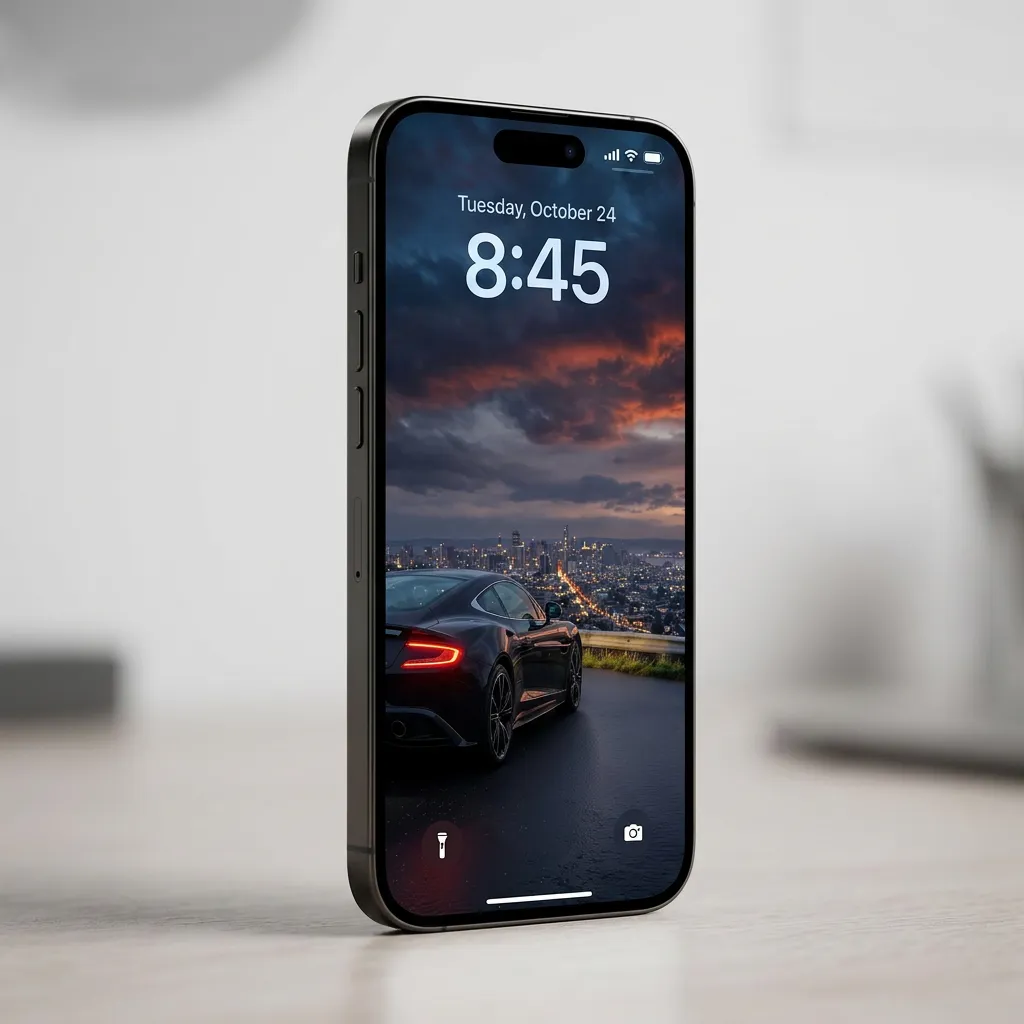 Luxury car iPhone wallpaper with sunset city skyline and elegant sports car view mockup two