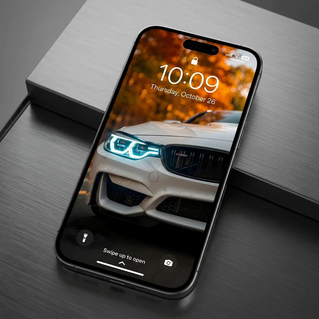 Luxury car iPhone wallpaper with white car and autumn aesthetic background mockup one